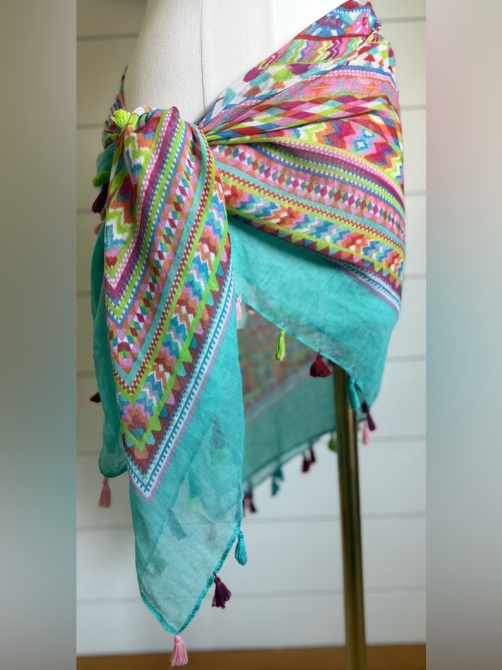 Vibrant Aztec Print Sheer Cotton Scarf/Wrap w Teal Border & Multi-Colored Tassel